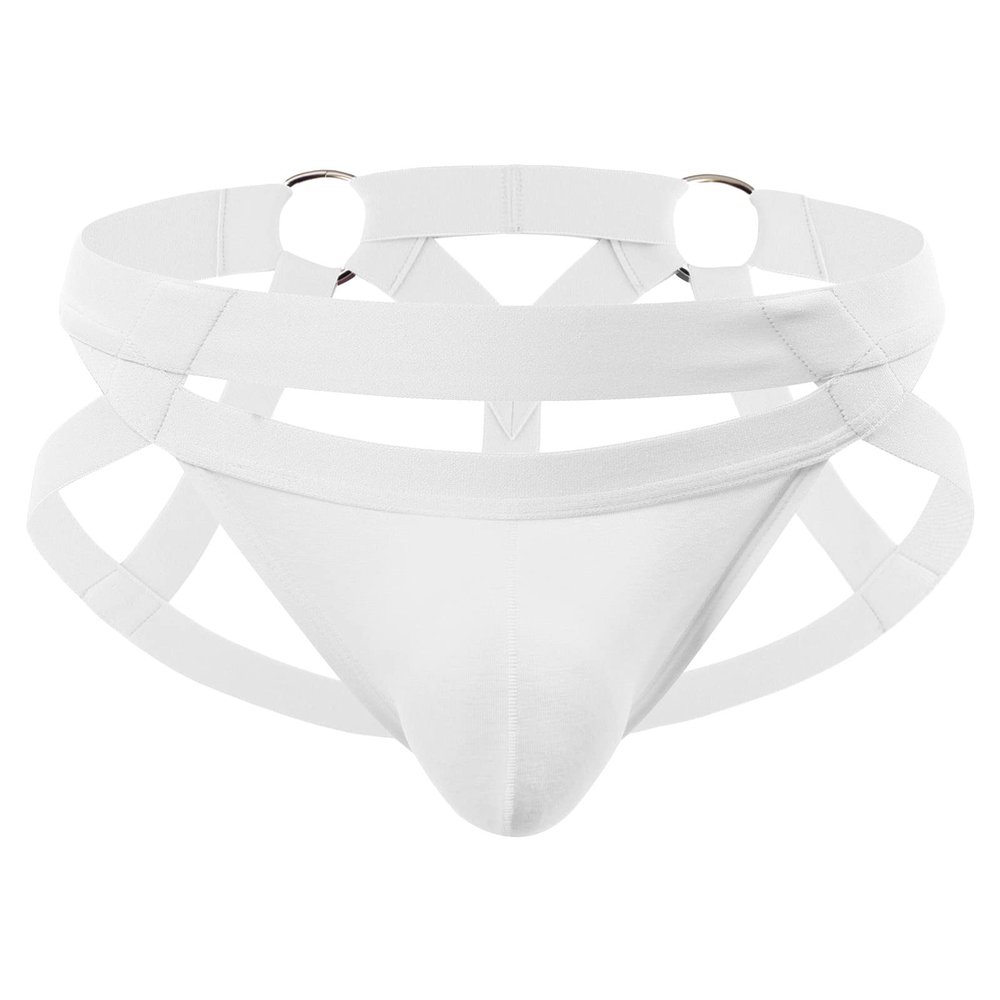 JEsilunmaMY Men's Hollow Jockstrap Underwear Low Rise Bulge Pouch Sexy G-String Thongs Solid Athletic Supporter Underpants (White,X-Large)