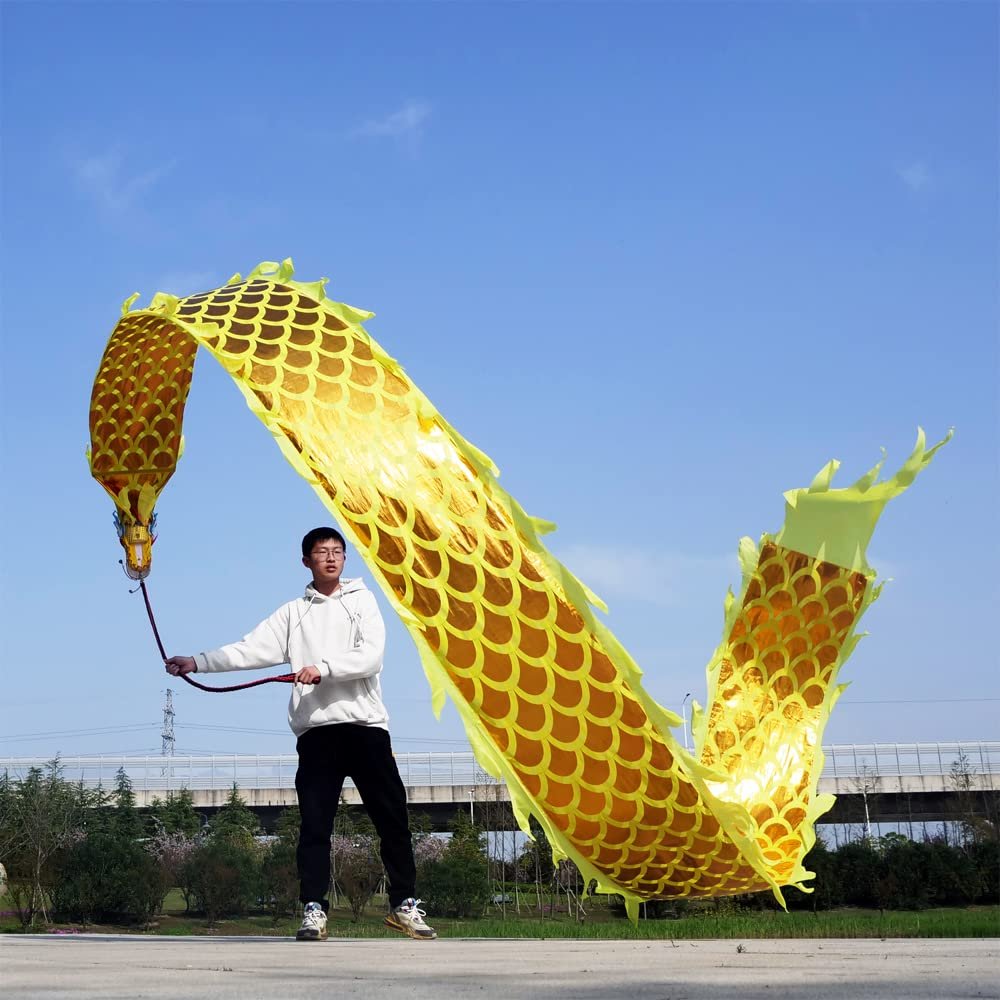 Golden Dragon Poi with 3D Real-Like Plastic Dragon Head and Swing Rope Combo, Chinese Dragon Dance Wulong Flowy Flinging Dragon Body Ribbon Streamer Set (Gold)