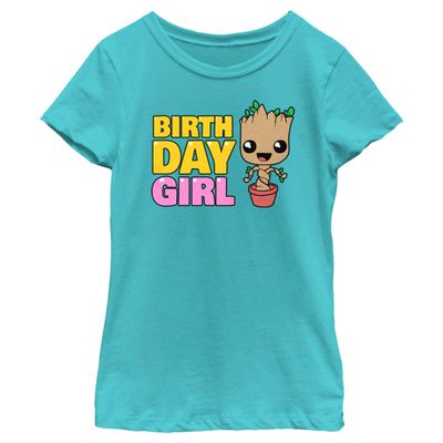 Fifth Sun Marvel Classic Guardians of The Galaxy Birthday Groot Girls Short Sleeve Tee Shirt, Tahiti Blue, X-Small