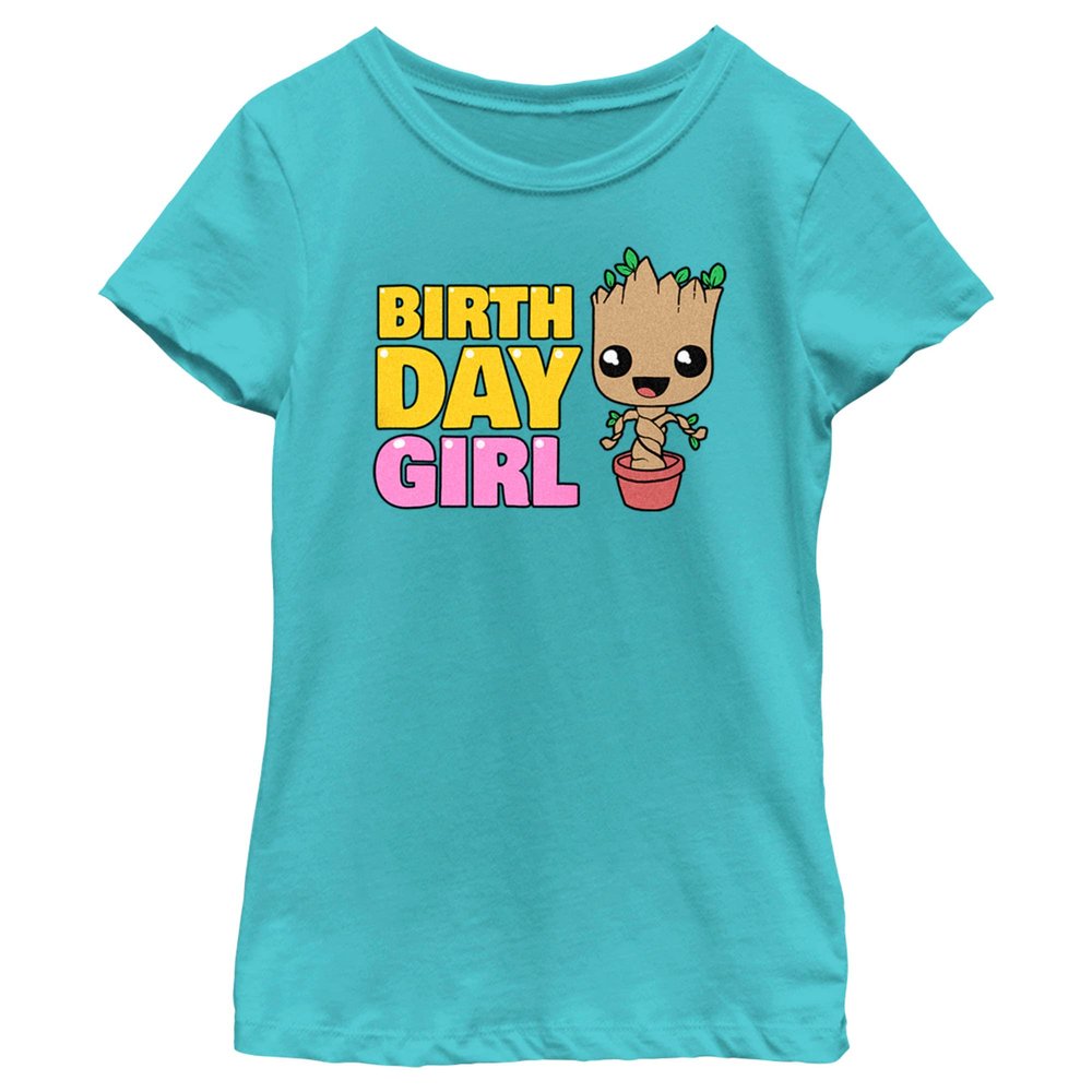 Fifth Sun Marvel Classic Guardians of The Galaxy Birthday Groot Girls Short Sleeve Tee Shirt, Tahiti Blue, X-Small