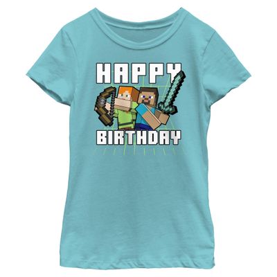Fifth Sun Minecraft Birthday Girls Short Sleeve Tee Shirt, Tahiti Blue, X-Small