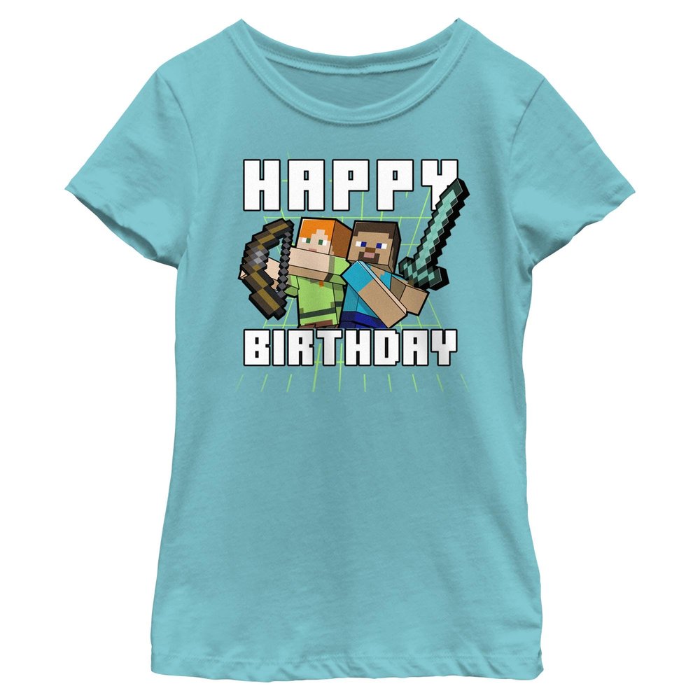 Fifth Sun Minecraft Birthday Girls Short Sleeve Tee Shirt, Tahiti Blue, X-Small