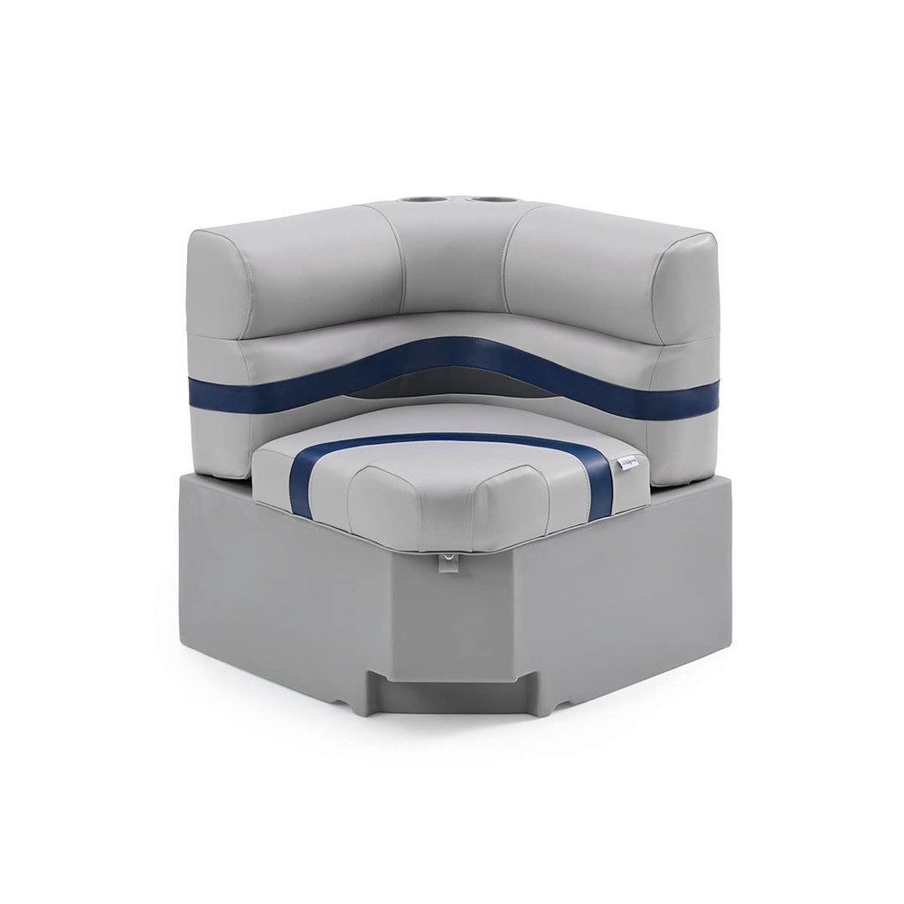 DeckMate Complete 28" Corner Premium Pontoon Boat Seat Bench and Base - Gray, Blue and Charcoal