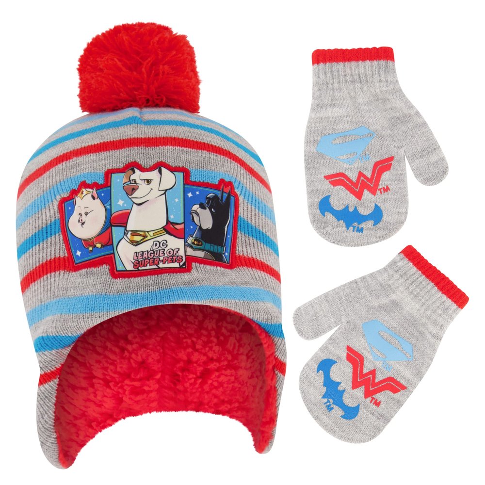 DC Comics Boys Toddler Winter Hat And Mitten With Sherpa Lining, Super-Pets Beanie For Ages 2-4