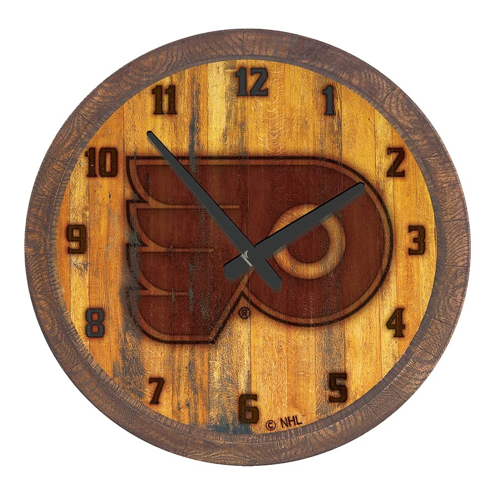 The Fan-Brand NHL Philadelphia Flyers: Branded Faux Barrel Top Wall Clock - Sports Team Bar Sign Dcor - Home Man Cave, Party Decoration - Made On Demand