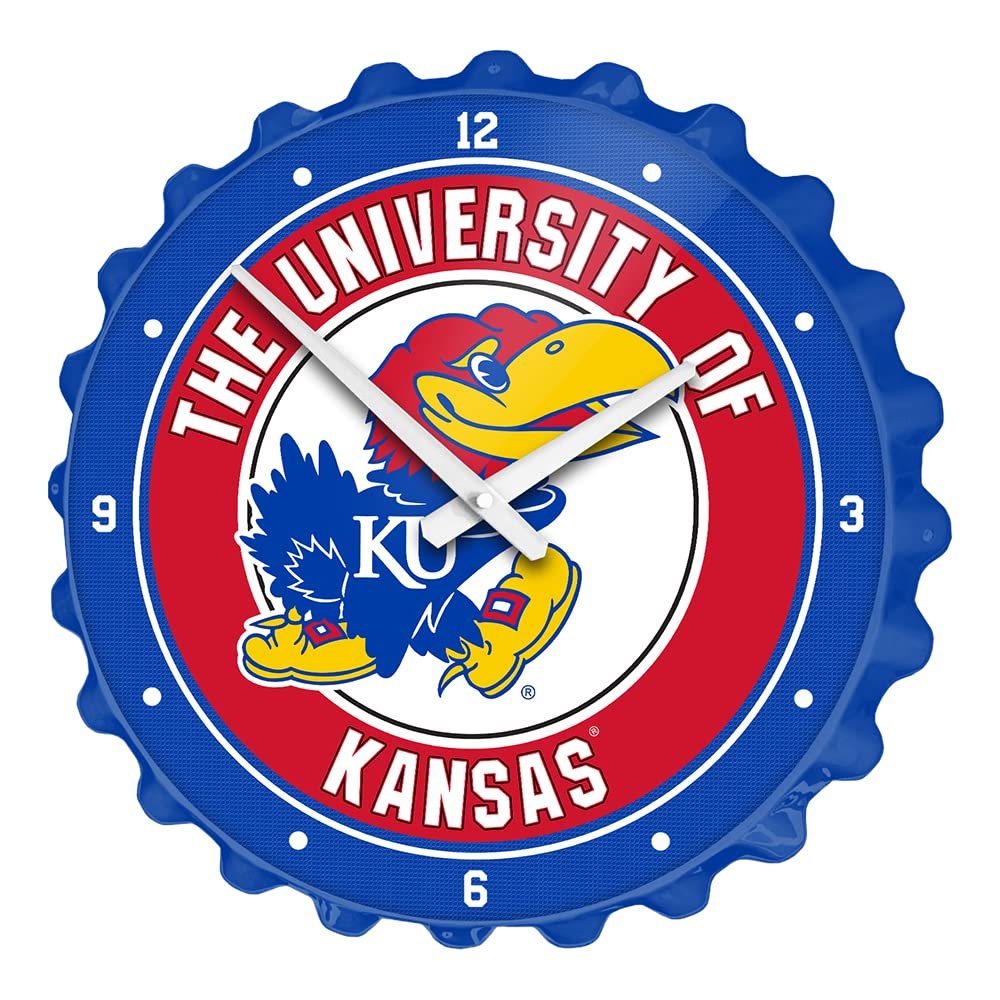 The Fan-Brand NCAA Kansas Jayhawks - Bottle Cap Wall Clock - Sports Team Bar Sign Dcor - Home, Dorm, Garage, Office, Fan Cave