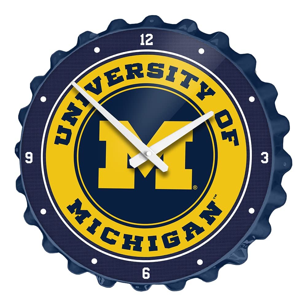 The Fan-Brand NCAA Michigan Wolverines - Bottle Cap Wall Clock - Sports Team Bar Sign Dcor - Home, Dorm, Garage, Office, Fan Cave
