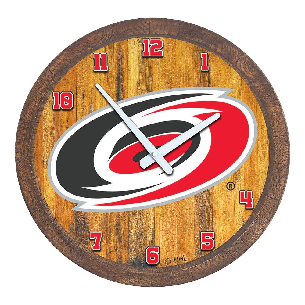 The Fan-Brand NHL Carolina Hurricanes: Faux Barrel Top Wall Clock - Sports Team Bar Sign Dcor - Home Man Cave, Party Decoration - Made On Demand