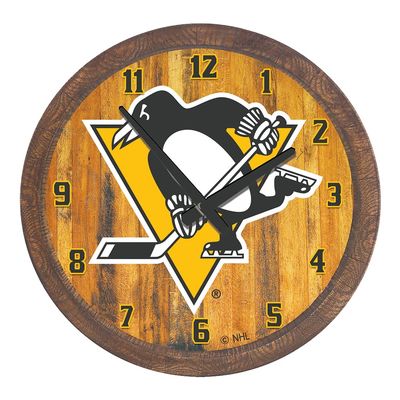 The Fan-Brand NHL Pittsburgh Penguins: Faux Barrel Top Wall Clock - Sports Team Bar Sign Dcor - Home Man Cave, Party Decoration - Made On Demand