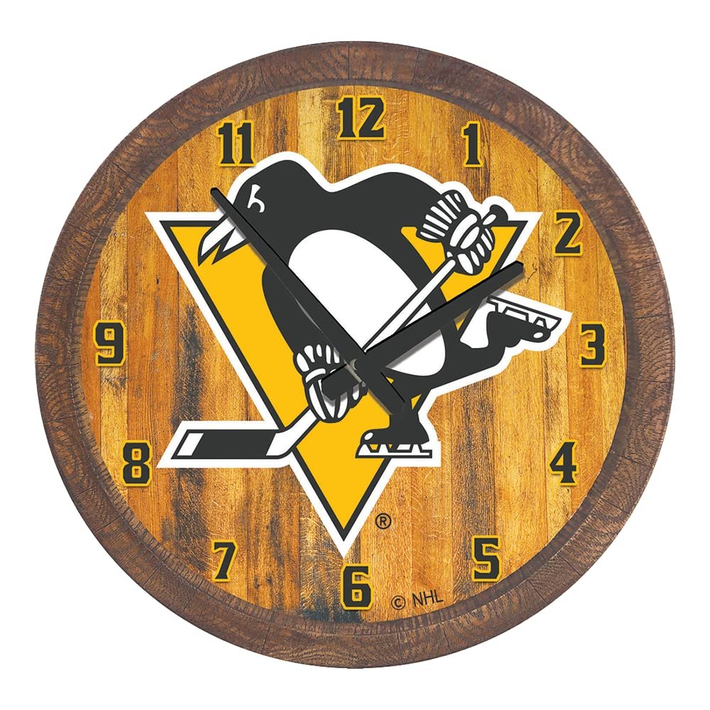 The Fan-Brand NHL Pittsburgh Penguins: Faux Barrel Top Wall Clock - Sports Team Bar Sign Dcor - Home Man Cave, Party Decoration - Made On Demand