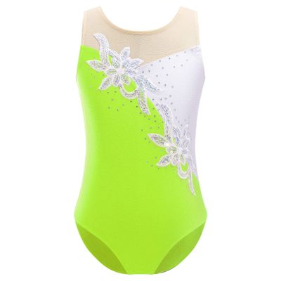 FEESHOW Gymnastics Leotards for Girls Sparkle Metallic Athletic Clothes Activewear One-Piece Skating Jumpsuit Fluorescent Green 12 Years