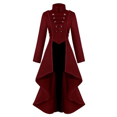 tuduoms Women's Steampunk Tailcoat Vintage Victorian Gothic Jacket Stand Collar High Low Long Trench Coat Halloween Costumes Red