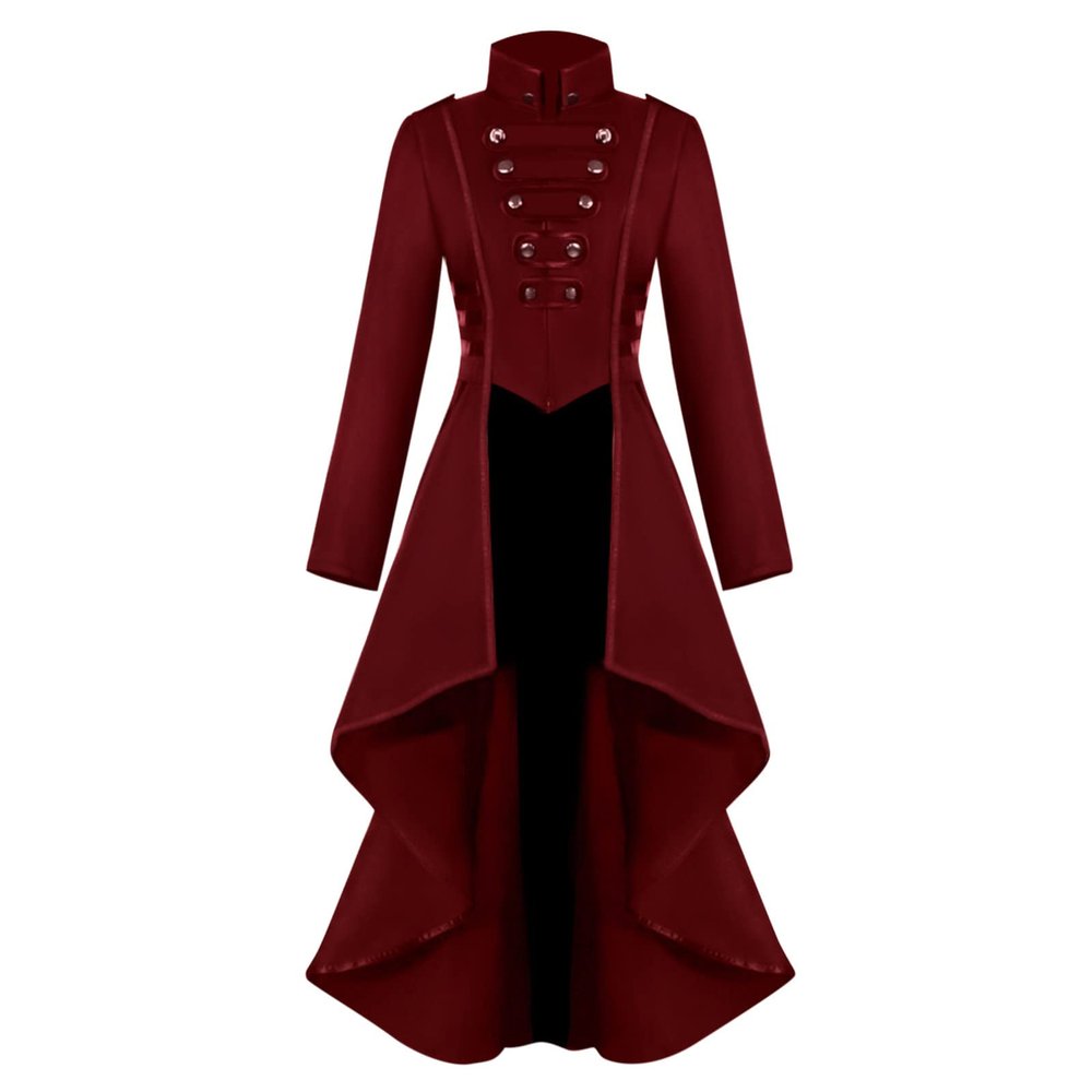 tuduoms Women's Steampunk Tailcoat Vintage Victorian Gothic Jacket Stand Collar High Low Long Trench Coat Halloween Costumes Red