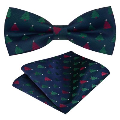 Branduce Christmas Bow Tie for Men Tree Pattern Navy Bowties Xmas Festive Woven Bowtie with Hanky (BB02-05)