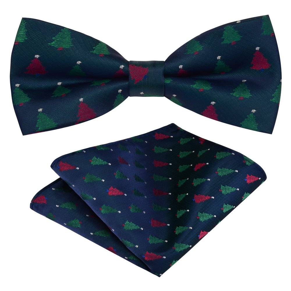 Branduce Christmas Bow Tie for Men Tree Pattern Navy Bowties Xmas Festive Woven Bowtie with Hanky (BB02-05)