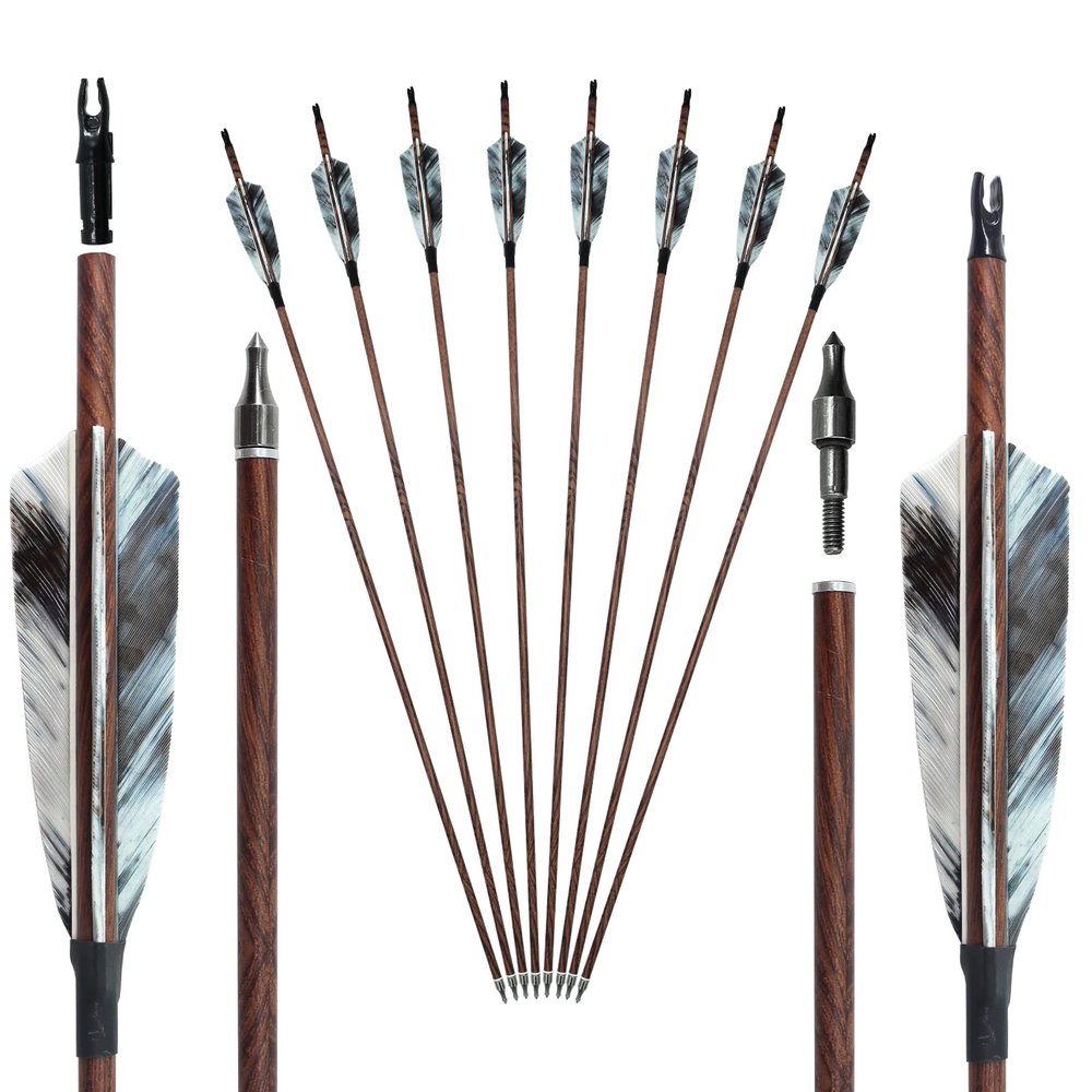 28"/30" Pure Carbon Archery Spine 400/500 with Removable Tip 4" Real Feather Arrows for Recurve and Compound and Traditional Bows Hunting Target Practice (8 Pack) (30 inches,Spine 400)