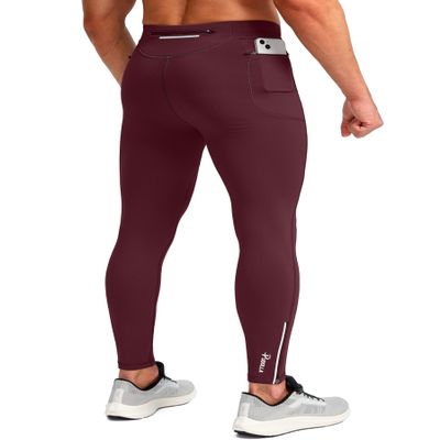 Pudolla Men's Thermal Running Tights with 3 Zipper Pockets Workout Compression Leggings Cycling Pants for Men Hiking Jogging(Wine X-Large)
