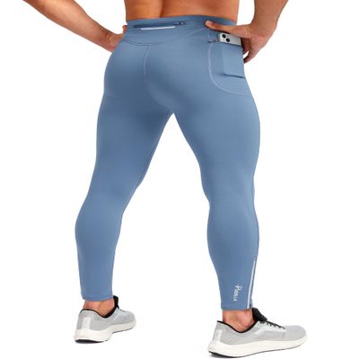Pudolla Men's Thermal Running Tights with 3 Zipper Pockets Workout Compression Leggings Cycling Pants for Men Hiking Jogging(Slate Blue Medium)
