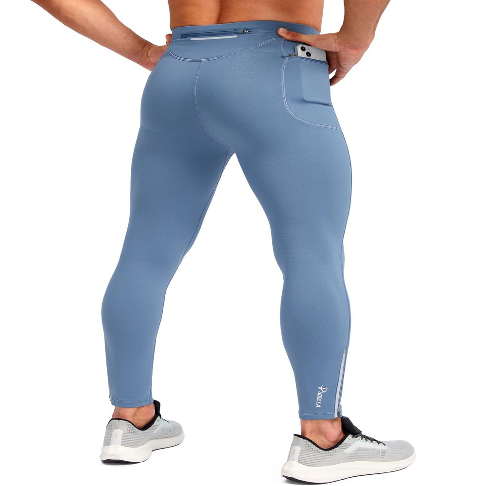 Pudolla Men's Thermal Running Tights with 3 Zipper Pockets Workout Compression Leggings Cycling Pants for Men Hiking Jogging(Slate Blue Medium)
