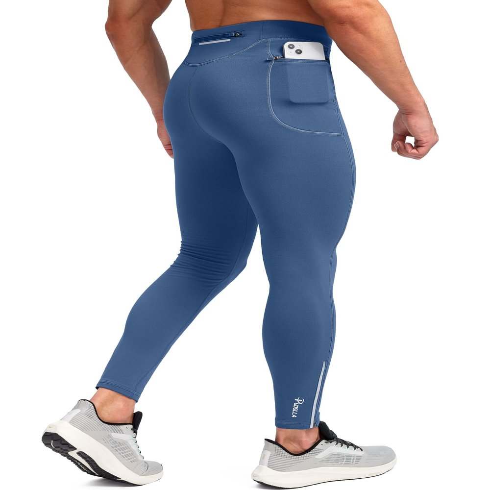 Pudolla Men's Thermal Running Tights with 3 Zipper Pockets Workout Compression Leggings Cycling Pants for Men Hiking Jogging(Dark Blue X-Large)