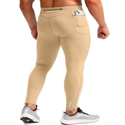 Pudolla Men's Thermal Running Tights with 3 Zipper Pockets Workout Compression Leggings Cycling Pants for Men Hiking Jogging(Dark Khaki Large)