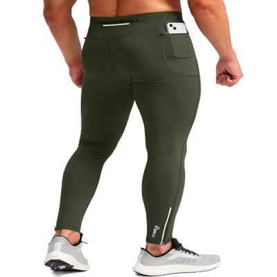 Pudolla Men's Thermal Running Tights with 3 Zipper Pockets Workout Compression Leggings Cycling Pants for Men Hiking Jogging(Olive Green X-Large)