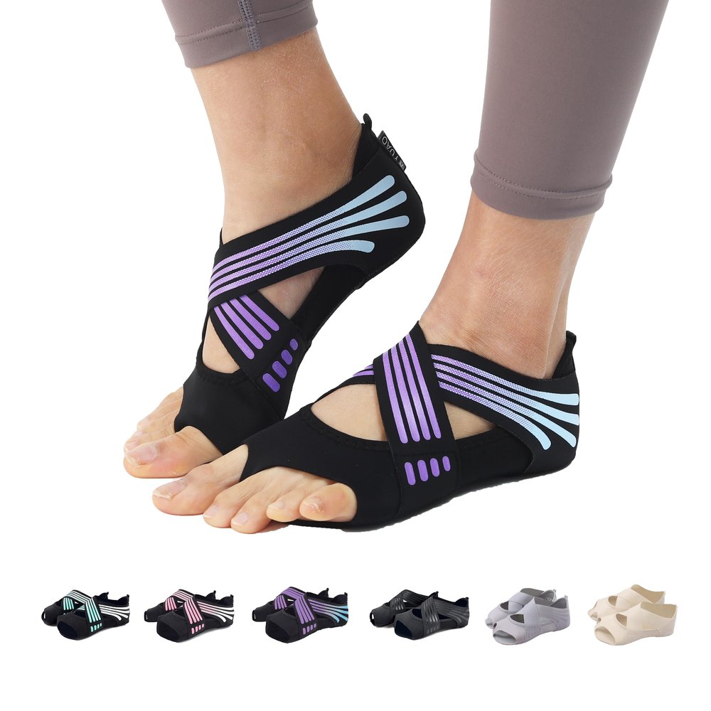 ABIRAM Yoga Socks Toeless Non-Slip Grips & Straps, for Pilates, Barre, Ballet, Bikram, Workout for Women