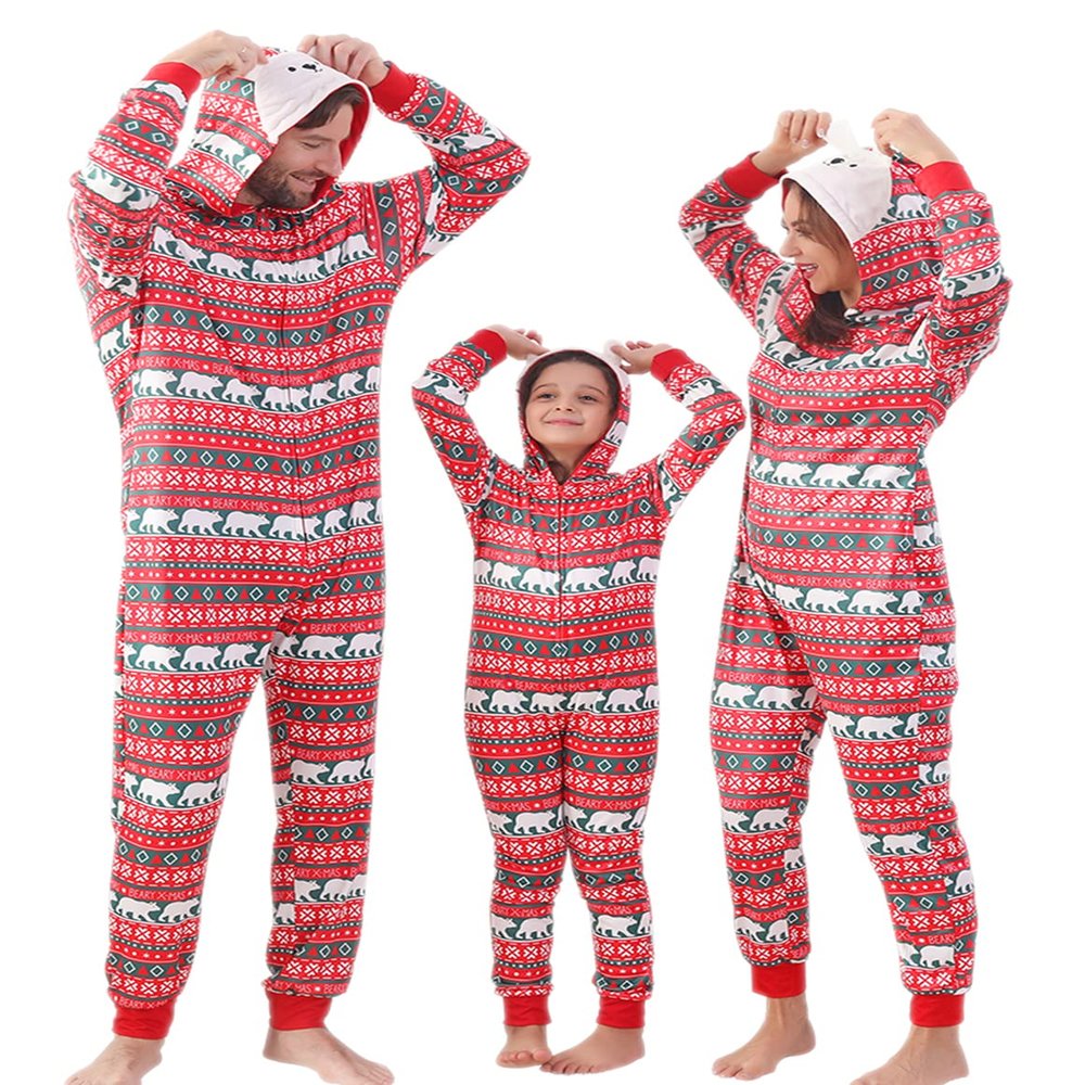 ANGELGGH Family Matching Christmas Onesie, Cute Vacation Bear Print One Piece Pajamas, Hooded Holiday Sleepwear Nightwear (Youth, 2-3T, Bear)