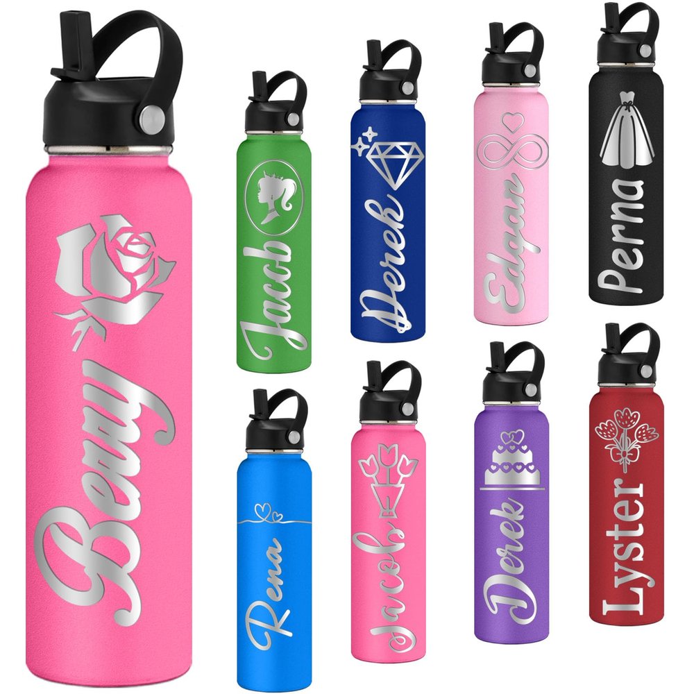 Personalized Water Bottles with Straw 24oz Custom Stainless Steel Sports Water Bottle with Engraved Name Text Customized Insulated Double Wall Water Bottles for School Sports