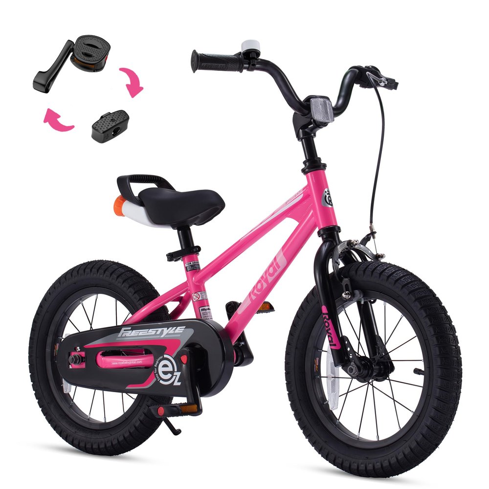RoyalBaby Freestyle EZ Kids Bike, Easy Learn Balancing to Biking, 14 Inch Balance & Pedal Bicycle, Instant Assembly Toddlers Boys Girls Ages 3-5 Years, 14" Pink