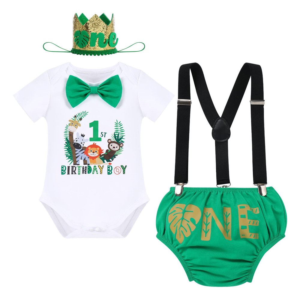 Baby Boy Jungle Safari Theme First 1st Birthday Cake Smash Outfit Cotton Short Sleeve Romper Bodysuit Diaper Cover Shorts Pants Bloomers Y-back Suspenders Crown Headband 4pcs Set Green 12-18 Months