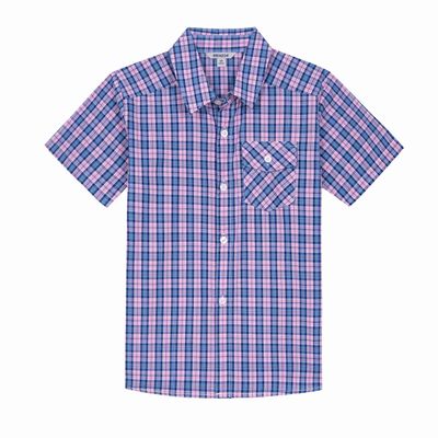 Bienzoe Boys Short Sleeve Shirt: Kids Button Down Plaid Tops Rose/Marine 3/4