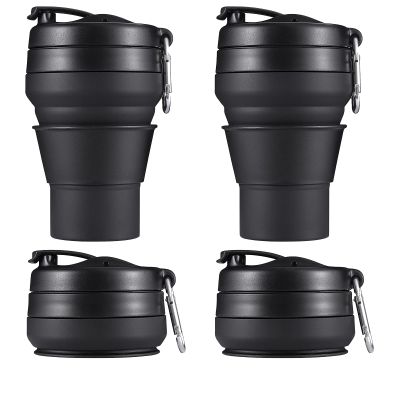 EASYXQ 2PACK Collapsible Coffee Cup, 16 OZ 480ml Silicone Folding Camping Mug, Leak Proof BPA Free Portable Sport Bottle with Lids for hiking, Microwave & Dishwasher Safe (Black)