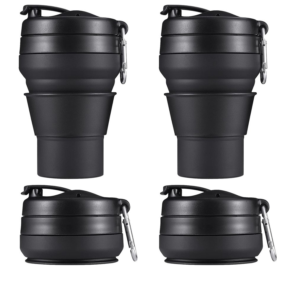 EASYXQ 2PACK Collapsible Coffee Cup, 16 OZ 480ml Silicone Folding Camping Mug, Leak Proof BPA Free Portable Sport Bottle with Lids for hiking, Microwave & Dishwasher Safe (Black)