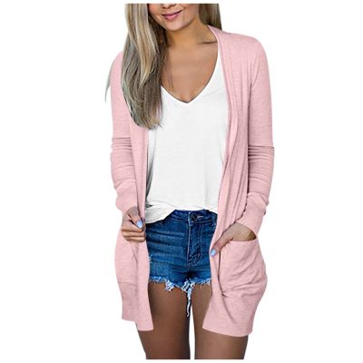 AMIMOJY Womens Cardigan Casual Solid Color Long Sleeve Outerwear Plus Size Front Open Coats with Pockets S-5XL Pink