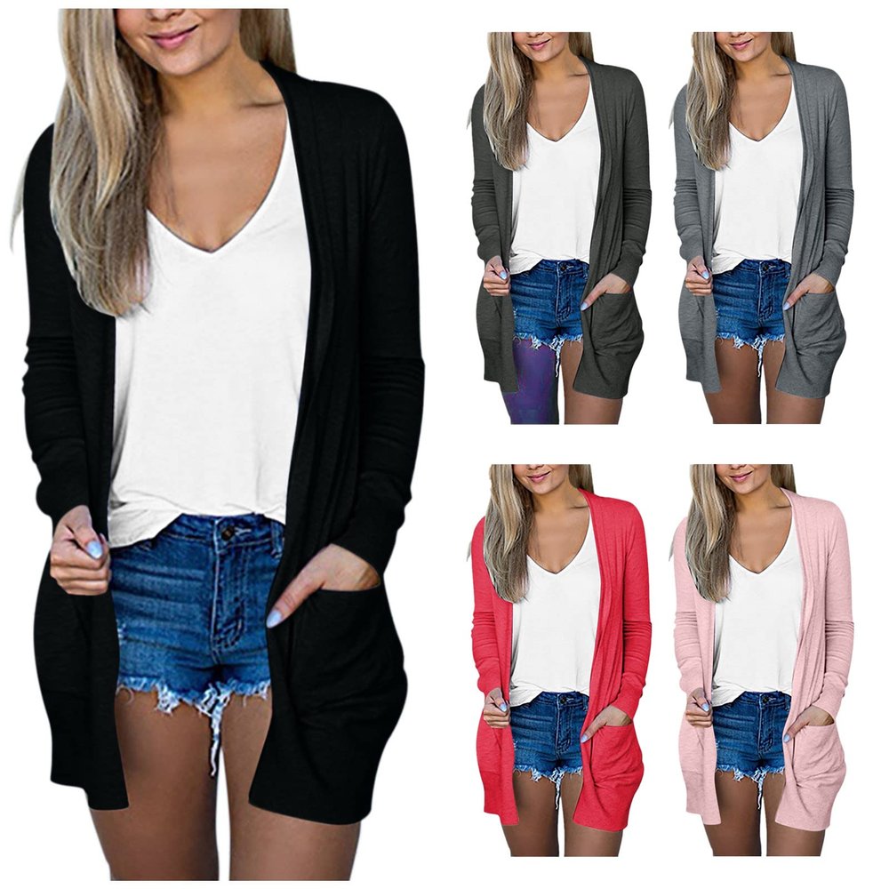 AMIMOJY Womens Cardigan Casual Solid Color Long Sleeve Outerwear Plus Size Front Open Coats with Pockets S-5XL Black