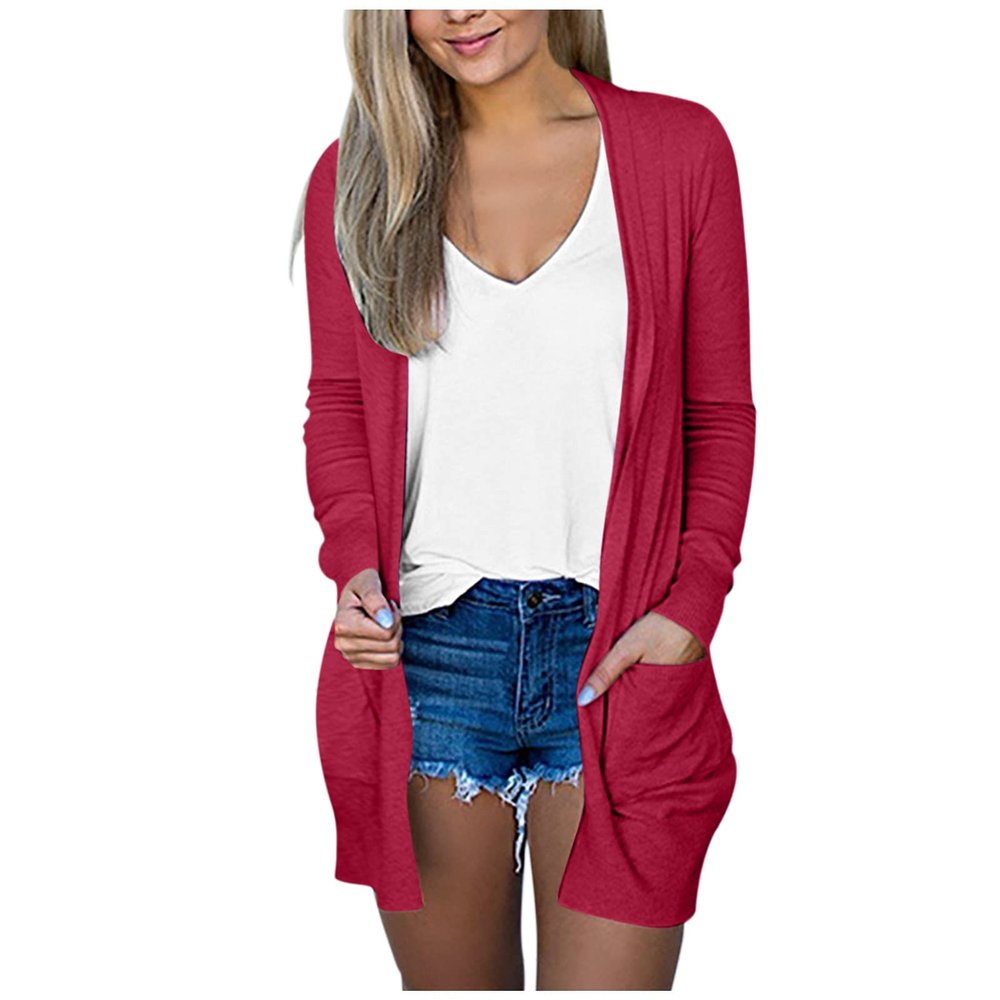 AMIMOJY Womens Cardigan Casual Solid Color Long Sleeve Outerwear Plus Size Front Open Coats with Pockets S-5XL Red