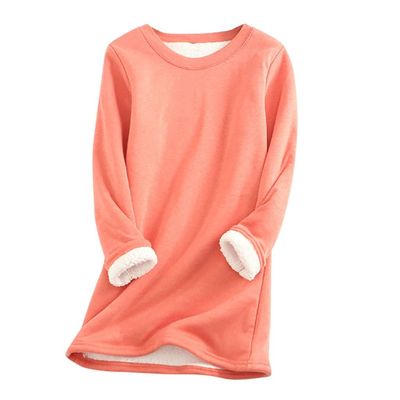 AMIMOJY Women's Sherpa Lined Fleece Sweatshirts Casual Crewneck Pullover Solid Tunic Tops Fall Winter Base Layer Shirt Orange