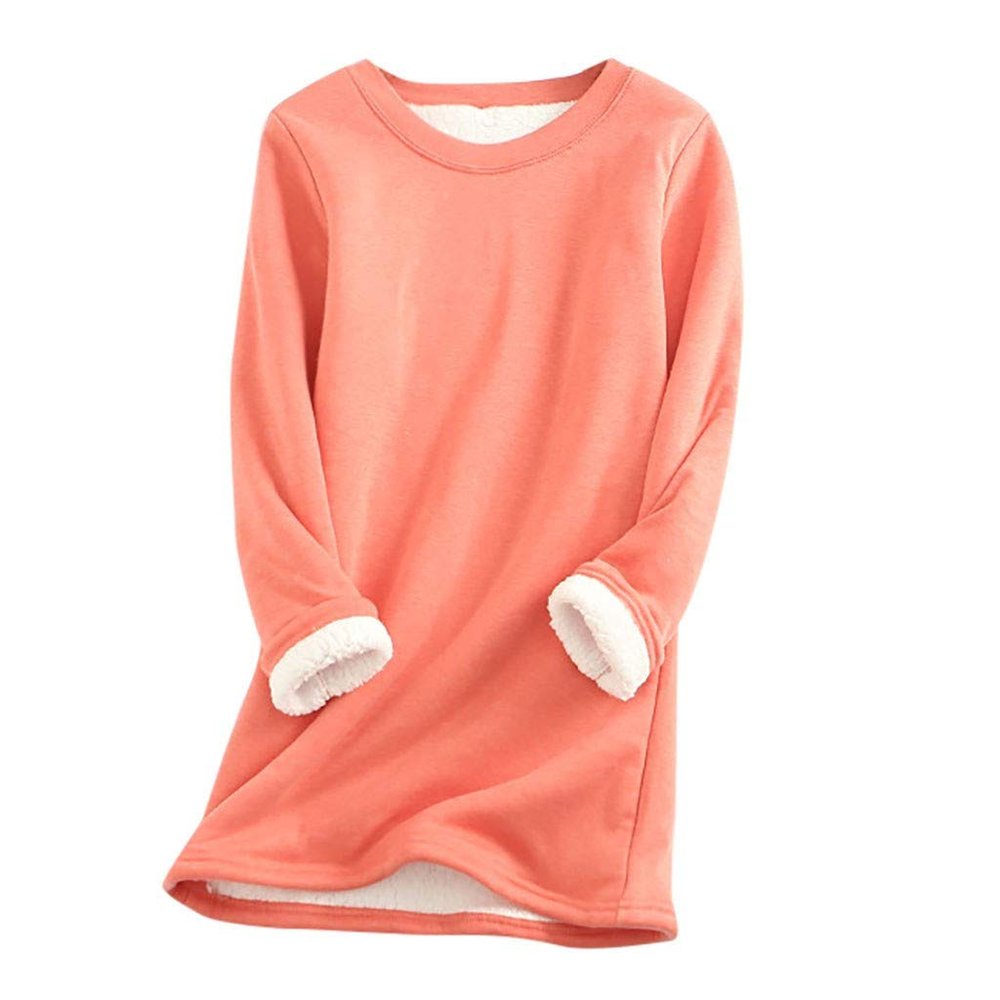 AMIMOJY Women's Sherpa Lined Fleece Sweatshirts Casual Crewneck Pullover Solid Tunic Tops Fall Winter Base Layer Shirt Orange