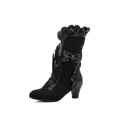 HINDOLA Women Black Mid Calf Boots Lace Up Studded Bowknot Goth Booties Party Dress Cosplay Combat Boots