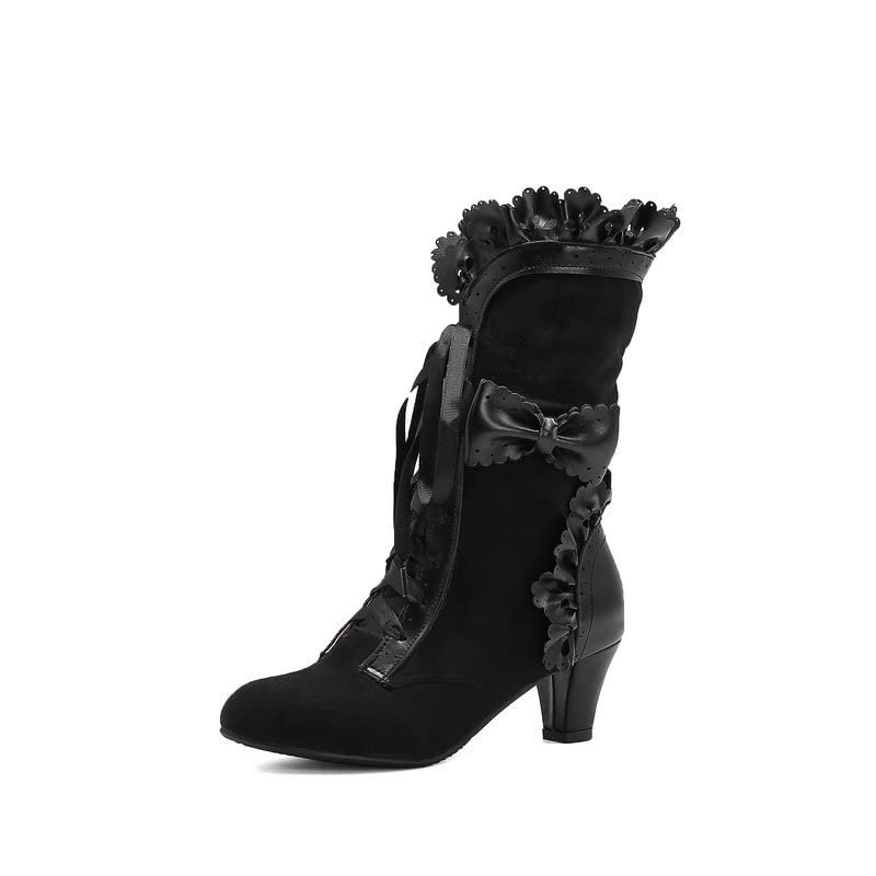 HINDOLA Women Black Mid Calf Boots Lace Up Studded Bowknot Goth Booties Party Dress Cosplay Combat Boots
