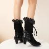 HINDOLA Women Black Mid Calf Boots Lace Up Studded Bowknot Goth Booties Party Dress Cosplay Combat Boots view 3