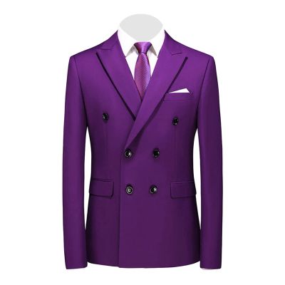 Maiyifu-GJ Men's Slim Fit Double Breasted Jacket Slim Fit Business Daily Prom Blazer Peak Lapel Groom Wedding Party Suit Coat (Purple 1,XX-Large)