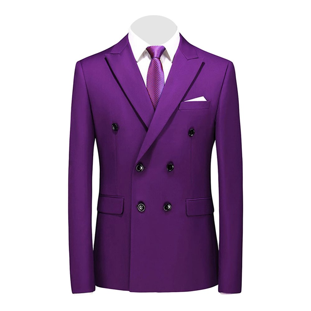 Maiyifu-GJ Men's Slim Fit Double Breasted Jacket Slim Fit Business Daily Prom Blazer Peak Lapel Groom Wedding Party Suit Coat (Purple 1,XX-Large)