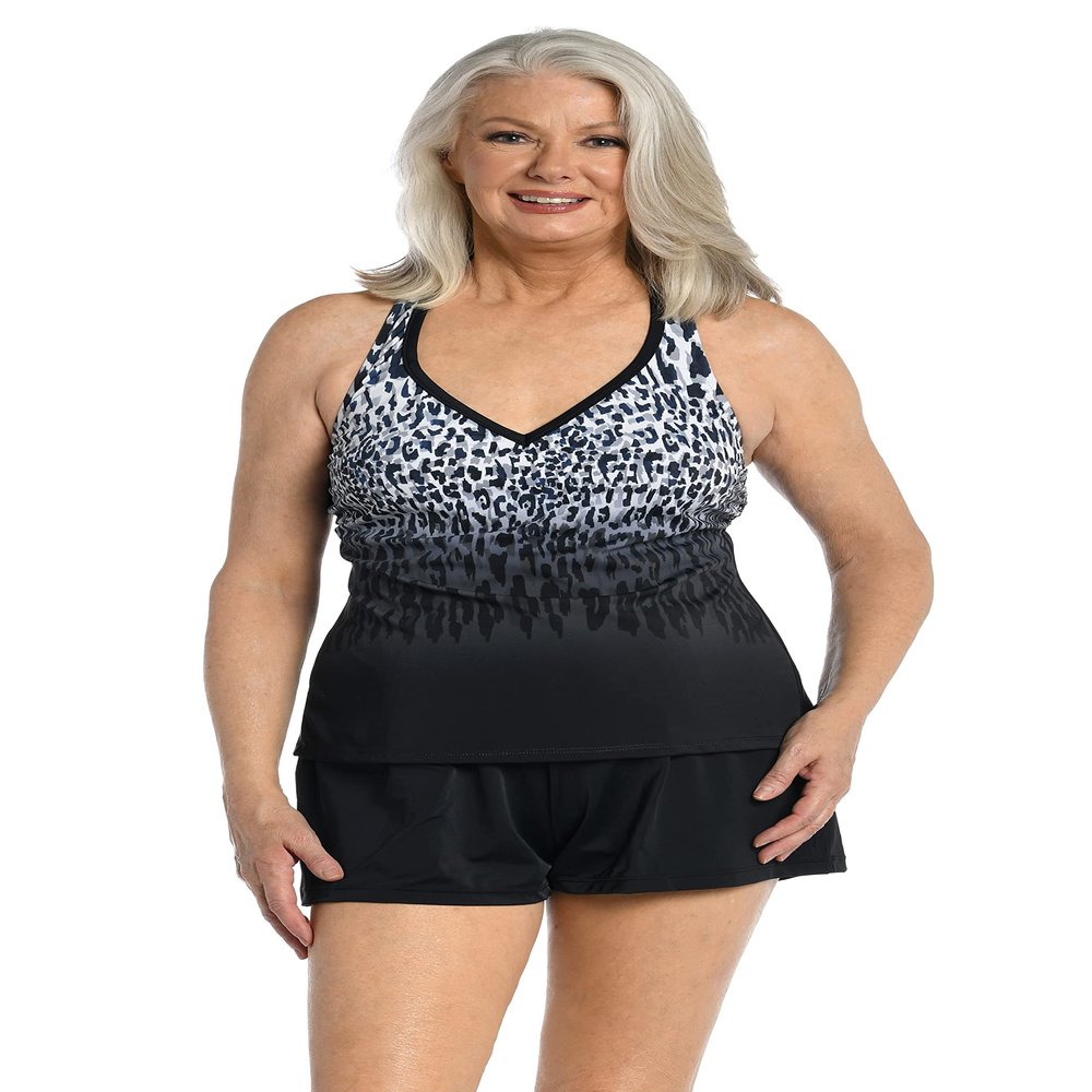 Maxine Of Hollywood Women's Standard V-Neck Racer Back Tankini Swimsuit Top, Black//Ombre Animal, 12