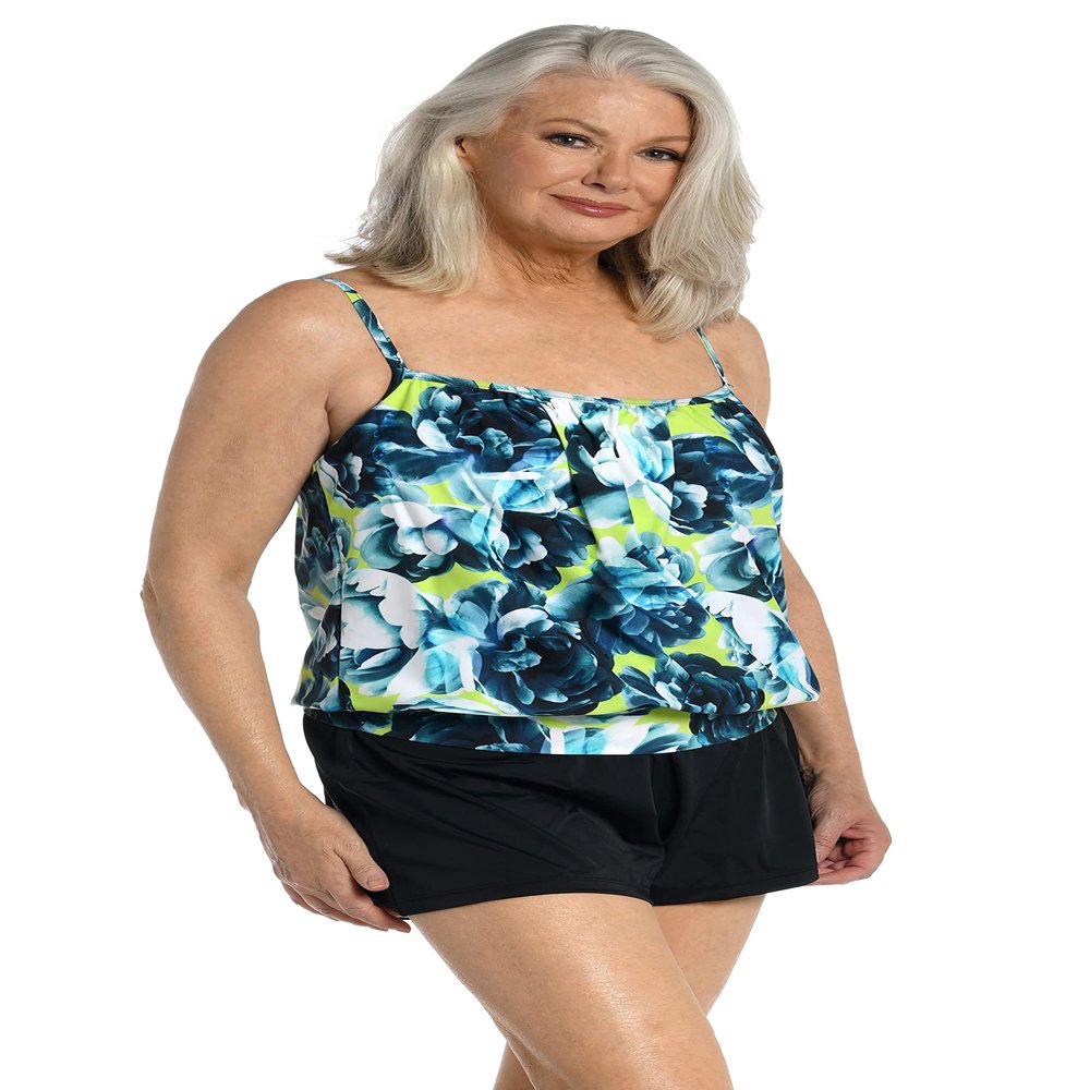 Maxine Of Hollywood Women's Standard Bandeau Tankini Swimsuit Top, Multi//Electric Rose, 18