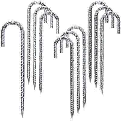 Rebar Stakes 12 Inch 10 Pack Tent Stakes Heavy Duty Metal J Hook, Fence Stakes for Trampoline, Fence, Camping Tent (10, 12")