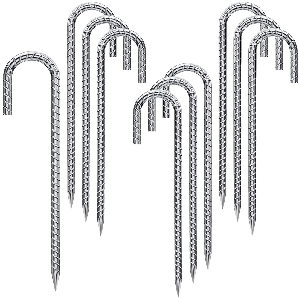 Rebar Stakes 12 Inch 10 Pack Tent Stakes Heavy Duty Metal J Hook, Fence Stakes for Trampoline, Fence, Camping Tent (10, 12")