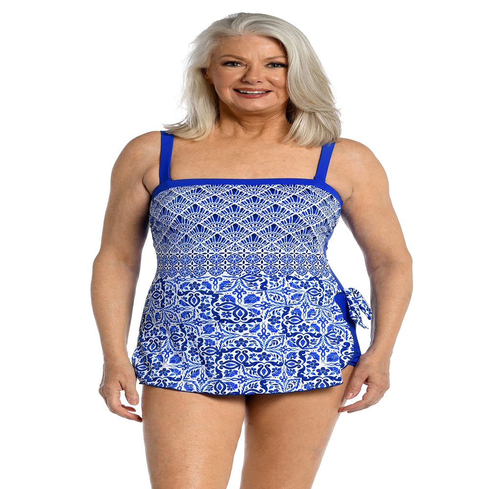 Maxine Of Hollywood Women's Standard Bandeau Sarong One Piece Swimsuit, Cobalt//Grecian Tile, 6