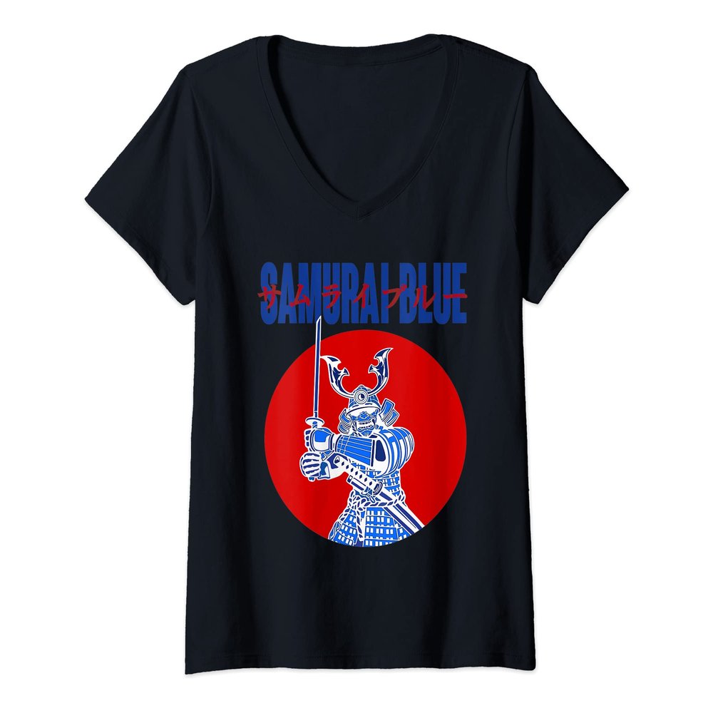 Womens Samurai Blue Japan Flag Kanji Letters V-Neck T-Shirt